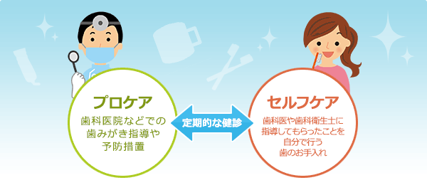 嘉麻市の歯医者で歯科医や歯科衛生士が行うプロケアと毎日ご自身で行うセルフケアで、虫歯・歯周病・口臭予防。